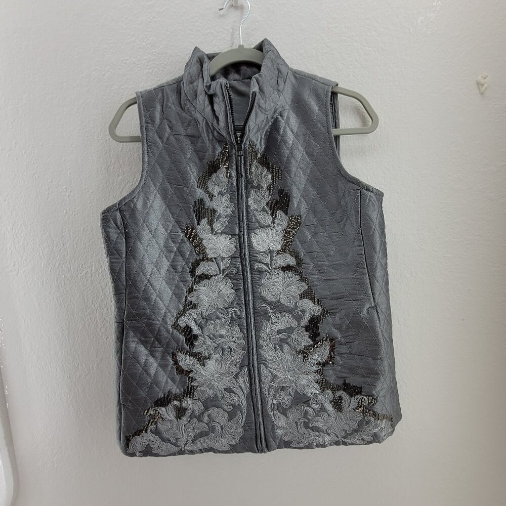 Chico's Quilted Gray Embroidered Vest